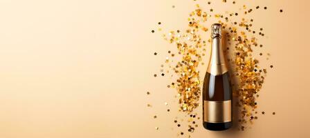 flaska av champagne med guld glitter och konfetti på beige bakgrund platt lägga foto