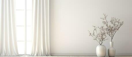 vit tömma scandinavian rum med vaser trä- golv stor vägg och landskap utanför de fönster med gardiner nordic Hem interiör illustration foto