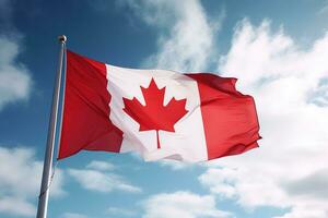 kanadensisk flagga vinka i de vind mot en blå himmel med vit moln, kanada flagga utomhus- vinka, ai genererad foto