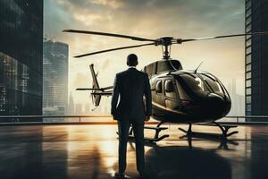 affärsman i kostym ser på helikopter i stad. 3d tolkning, affärsman bak- se privat helikopter transport, ai genererad foto
