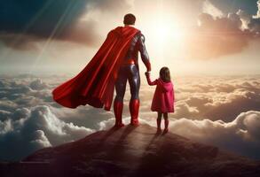 pappa och barn tycka om superhjälte foto