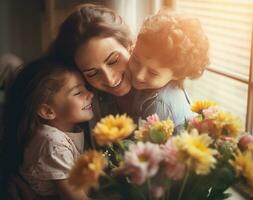 Lycklig mamma och dotter delning några blommor på soffa i de hus foto