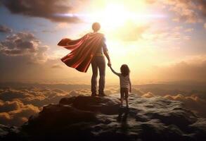 pappa och barn tycka om superhjälte foto