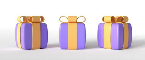 3d lila gåva lådor med gul bågar i en realistisk stil. design element för en baner med försäljning eller giveaways. illustration isolerat på vit bakgrund. 3d tolkning foto