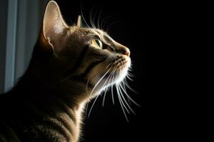 en katt ser upp på de himmel i de mörk generativ ai foto