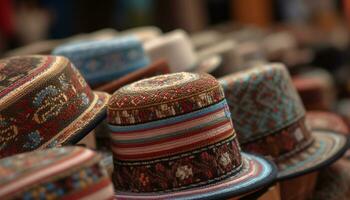 färgrik textilier, hantverk, och souvenirer dekorera de turkiska Lagra hyllor genererad förbi ai foto