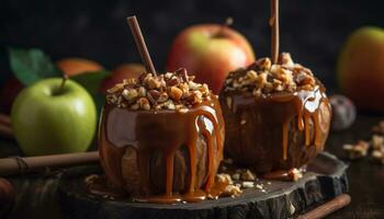 friskhet och flathet i en hemlagad gourmet choklad äpple efterrätt genererad förbi ai foto