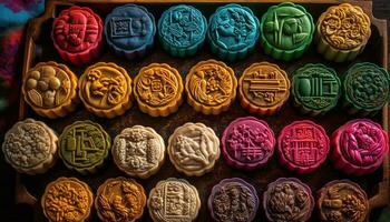 en färgrik samling av gammal krukmakeri ställer ut öst asiatisk kultur genererad förbi ai foto