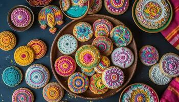 mönstrad krukmakeri, utsmyckad souvenir, hemlagad hantverk, färgrik indisk kultur samling genererad förbi ai foto