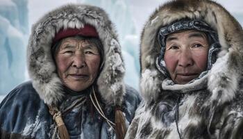 vinter- ger värme, glädje, och kärlek till två leende människor genererad förbi ai foto