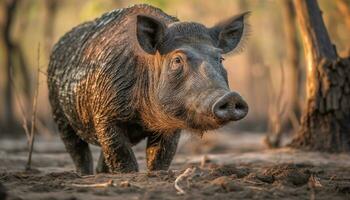 söt smågris betning i de äng, omgiven förbi natur skönhet genererad förbi ai foto