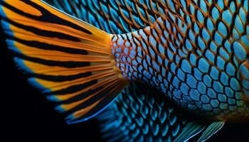 vibrerande randig fisk simning i färgrik under vattnet rev, natur skönhet genererad förbi ai foto
