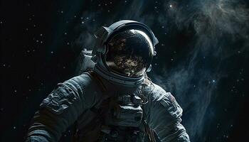 astronaut i enhetlig väpnad med gevär utforskar mörk galaktisk landskap genererad förbi ai foto