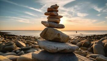 staplade stenar på de lugn kustlinje symbolisera harmoni och stabilitet genererad förbi ai foto