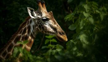 giraff i de vild, afrika skönhet, stänga upp av majestätisk däggdjur genererad förbi ai foto