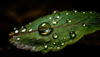 friskhet av natur reflekterad i en vibrerande grön blad dagg genererad förbi ai foto