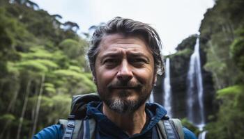 en leende man vandring i de skog med en ryggsäck genererad förbi ai foto