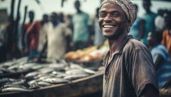 leende män utomhus, ett person lycka, glad afrikansk etnicitet genererad förbi ai foto