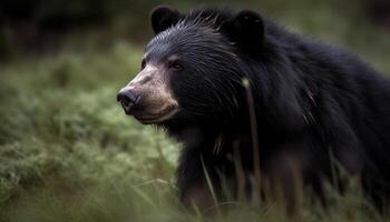 stänga upp av en söt grizzly Björn gående i en grön äng genererad förbi ai foto