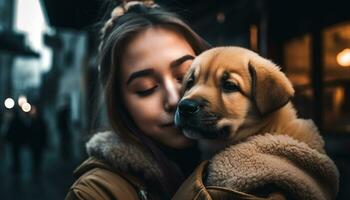 en söt hund och en ung kvinna omfamning i de utomhus genererad förbi ai foto