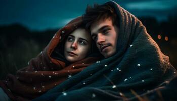 ung par fattande utomhus, kärlek och roman i de natt genererad förbi ai foto