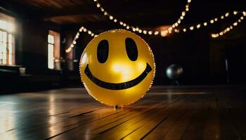 leende, roligt, glad natt lycka, glädje, dekoration, skinande gul firande boll genererad förbi ai foto