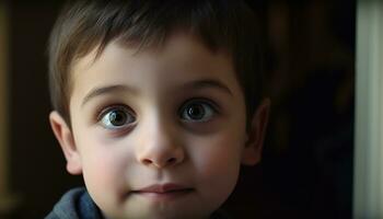 söt barn porträtt, ett pojke, kaukasiska, stänga upp, oskuld, leende genererad förbi ai foto
