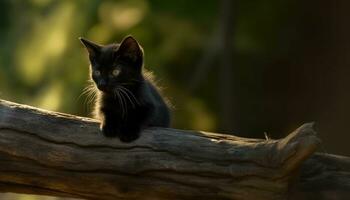 söt kattunge Sammanträde på gräs, stirrande med lekfull nyfikenhet genererad förbi ai foto