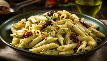 nyligen kokta pasta med parmesan ost och tomat, en gourmet glädje genererad förbi ai foto