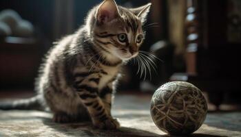 söt kattunge spelar med leksak, ser på kamera, inomhus genererad förbi ai foto