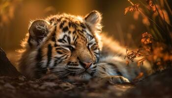 majestätisk tiger stirrar, dess randig päls en skönhet i natur genererad förbi ai foto