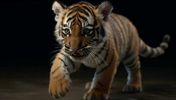 stänga upp porträtt av en söt, randig bengal tiger stirrande våldsamt genererad förbi ai foto