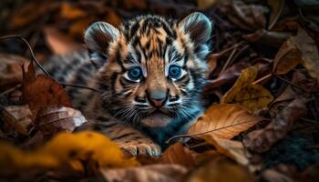 en söt bengal tiger kattunge dölja i de höst skog genererad förbi ai foto