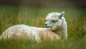 söt alpacka betning i grön äng, fluffig skinna täcka genererad förbi ai foto