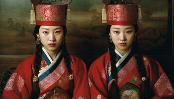 två ung kvinnor i traditionell Kläder fira en traditionell festival genererad förbi ai foto