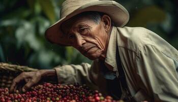 senior vuxen jordbrukare skörd mogen frukt i ett organisk bruka genererad förbi ai foto