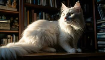 söt kattunge Sammanträde på bokhylla, stirrande med nyfiken kattdjur ögon genererad förbi ai foto