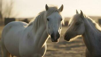 häst betning i äng, njuter frihet och lugn natur genererad förbi ai foto