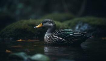 gräsand Anka simning i en lugn damm, omgiven förbi natur genererad förbi ai foto