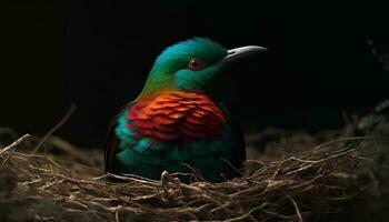 en färgrik fågel sittpinnar på en gren i de skog genererad förbi ai foto