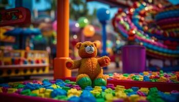 barn spelar med färgrik leksak teddy Björn genererad förbi ai foto