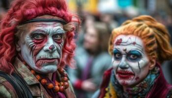 en läskigt halloween firande med ondska clowner och färgrik kostymer genererad förbi ai foto