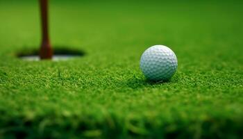 golf boll på grön gräs, utomhus- fritid aktivitet, stänga upp skott genererad förbi ai foto
