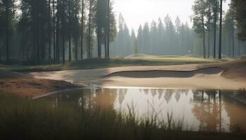 lugn scen av en grön golf kurs förbi de vatten genererad förbi ai foto