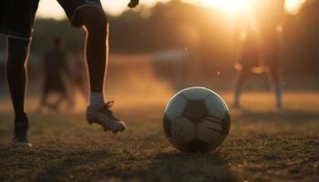 män spelar fotboll på en gräs fält, sparkar fotboll boll genererad förbi ai foto