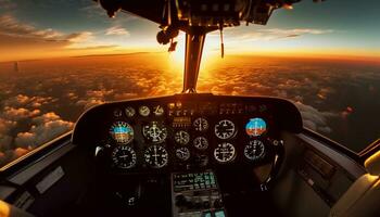 flygande flygplan över solnedgång himmel, instrumentbräda hastighetsmätare visar hög hastighet genererad förbi ai foto