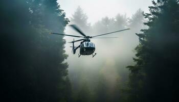 helikopter flygande mitten luft, propeller spinning, räddning utomhus, svävande över skog genererad förbi ai foto
