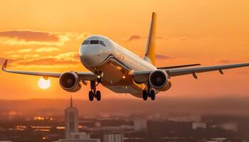 kommersiell flygplan flygande på solnedgång, transport passagerare på en företag resa genererad förbi ai foto