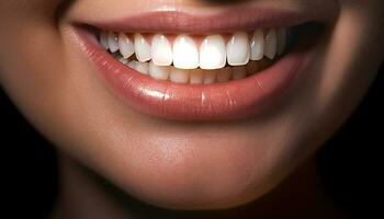 leende kvinna med rena tänder, färsk och friska dental skönhet genererad förbi ai foto