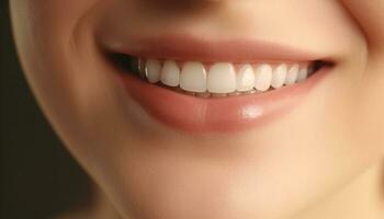 en leende kvinna med en toothy leende och skinande tänder genererad förbi ai foto